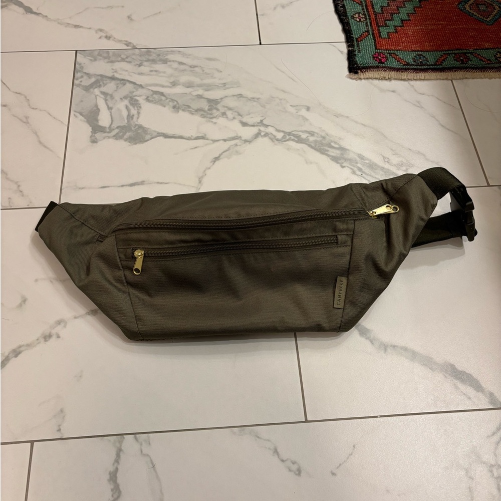 Olive Green Crossbody Waist Bag with Gold Zippers
